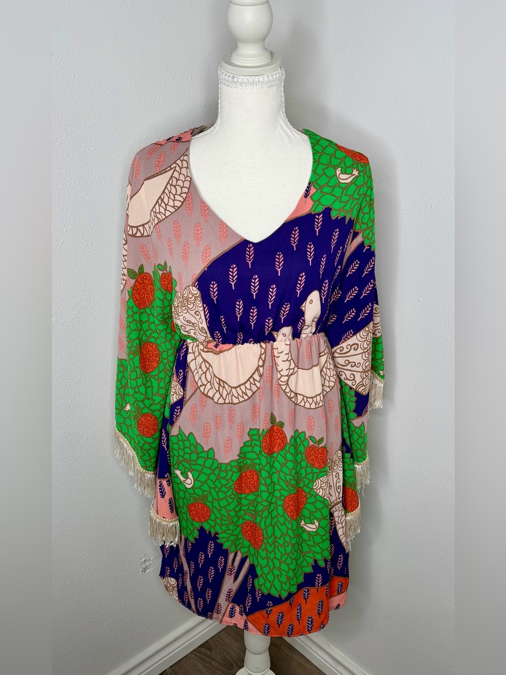 Judith March Bird and Tree Print Fringe Bell Long Sleeve Dress Size Small